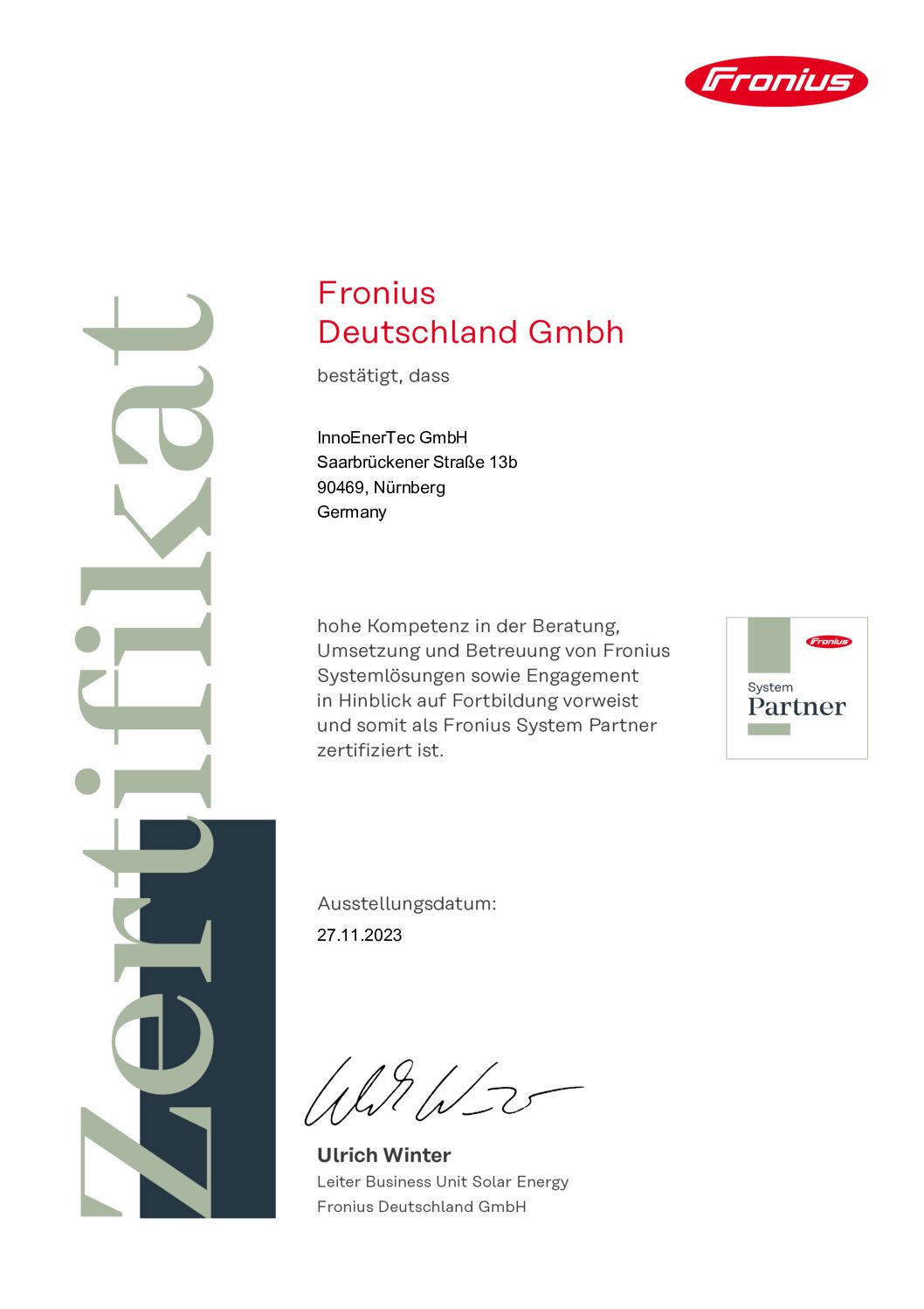 Fronius Zertifikat